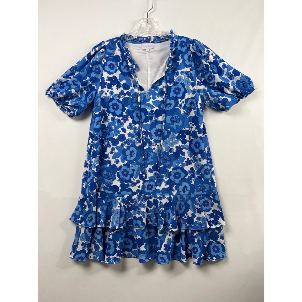 Sugarlips Floral Mini Dress Womens Small Blue Ruffle Neck Puff Sleeve STD13146E